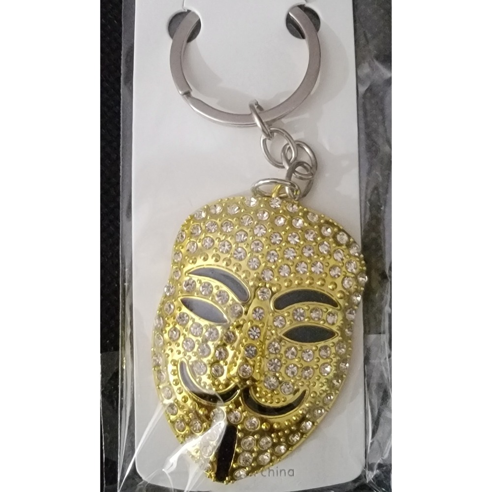 Guy Fawkes Anonymous Mask Rhinestone Keychain Gold Tone Crystal Bag‎ Charm New